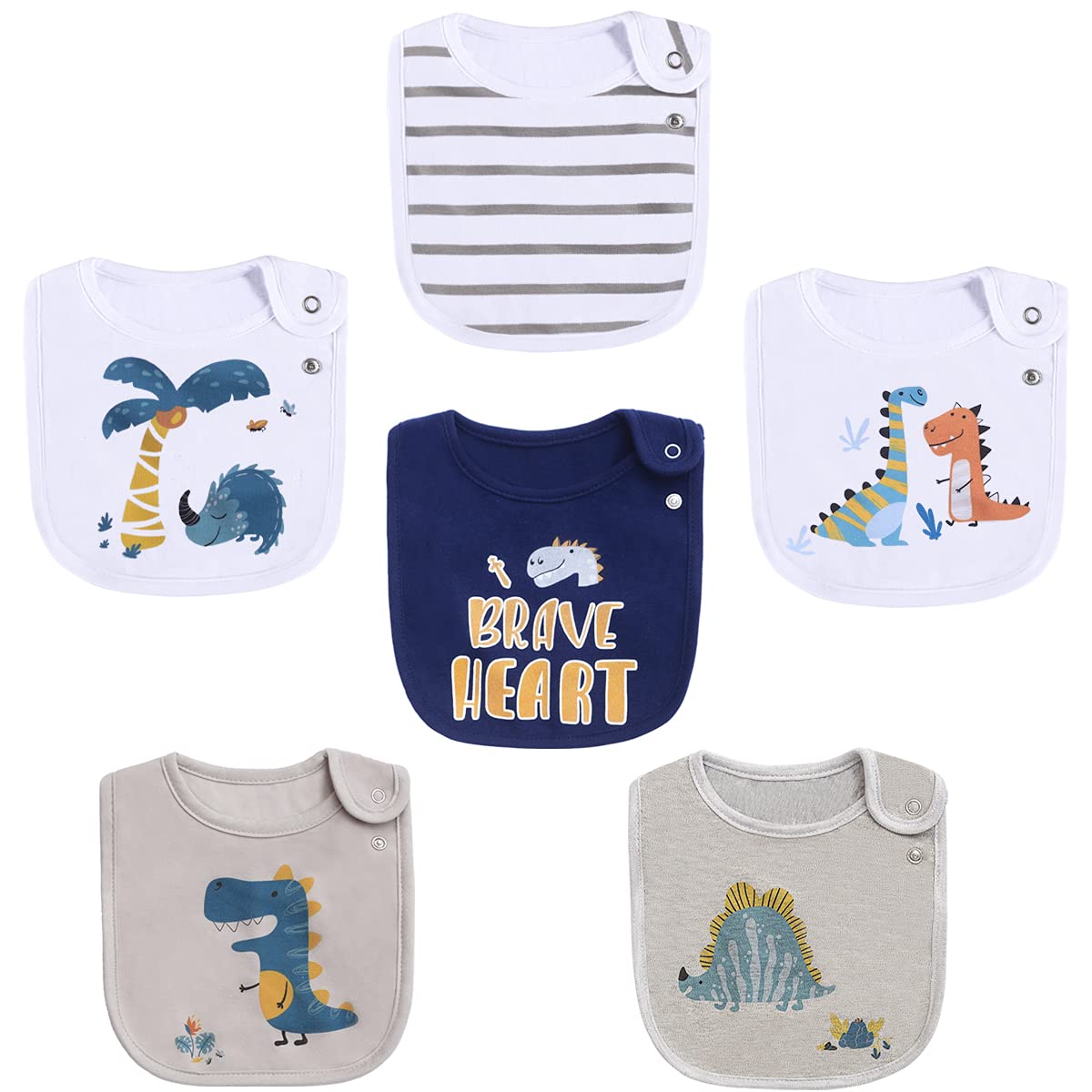 6 Pack Cotton Waterproof Dinosaur Baby Bibs