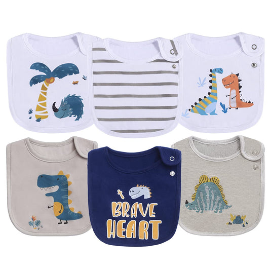 6 Pack Cotton Waterproof Dinosaur Baby Bibs