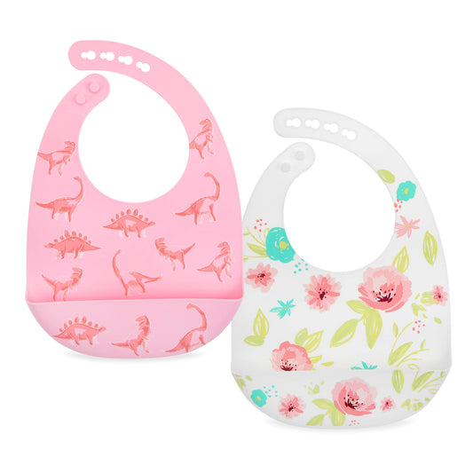 Nuby 2 Pack Adjustable Dinosaurs & Flowers Silicone Bibs