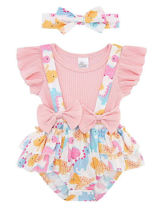 UNICOMIDEA Baby Girl Dinosaur Clothes 0-3 Months Outfit Ruffled Sleeves Newborn Bodysuit Animal Print Suspender Baby Romper With Headband