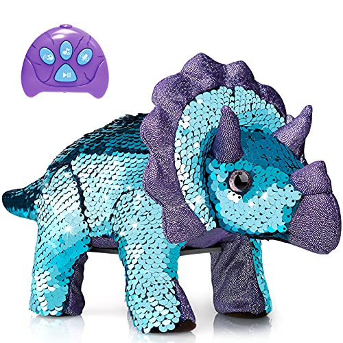 Remote Control Triceratops Dinosaur Toy with Reversible Flip Sequin Sparkle